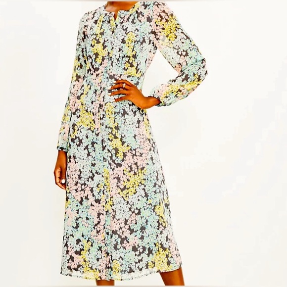 LOFT Dresses & Skirts - LOFT Midi Floral Long Sleeve Shirt Dress Petite Multicolor